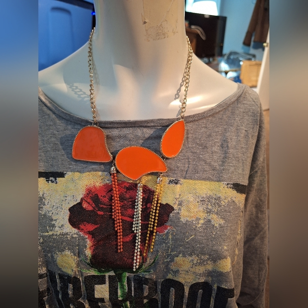 Gold Tone Orange Enamel Seed Bead Tassel Necklace